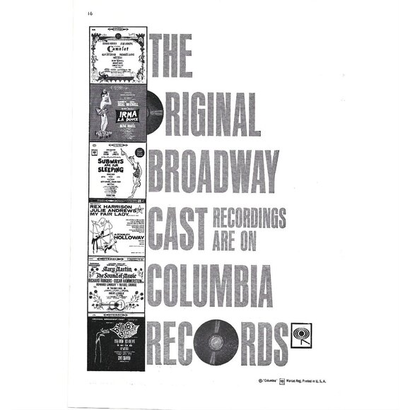 Columbia Record Advertisement Broadway Recordings 1960s Vintage Print Ad 9 inch - Picture 1 of 2